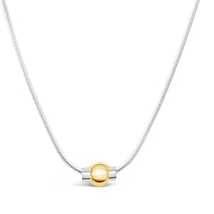 May include: A silver necklace with a snake chain design. The necklace features a gold-colored bead in the center, held in place by two silver-colored cylindrical accents. The necklace is displayed against a white background.