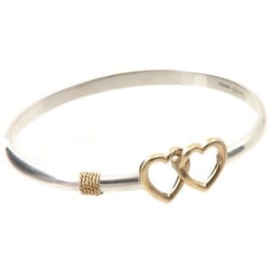 Double Heart Bangle Bracelet  Beach Jewelry Collection By Michael&#39;s from Provincetown Sterling Silver 925-Rhodium Gold Plating on the Hearts