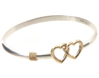 Double Heart Bangle Bracelet  Beach Jewelry Collection By Michael's from Provincetown Sterling Silver 925-Rhodium Gold Plating on the Hearts