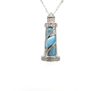 Handmade Lighthouse w sterling silver and Larimar. Free Shipping in a box.