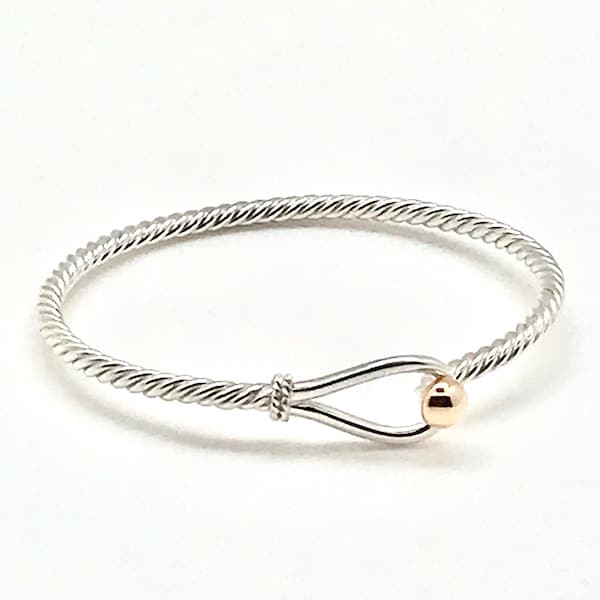 Made on Cape Cod.Bracelet with twisted .925  silver and rhodium gold ball that hooks. Nautical hook. Free  shipping in box. TOP SELLER