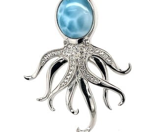 Handmade Octopus in silver and AAA+ Dominican Larimar. With Chain and in Box. Free shipping.