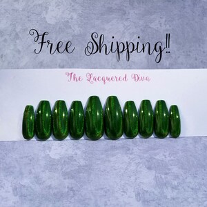 Emerald Embrace press on false acrylic nails, hand painted. Free Shipping!!