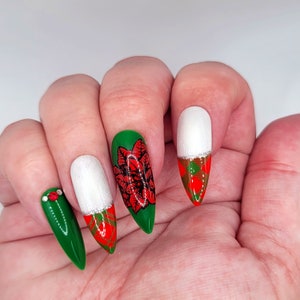 Under the Mistletoe press on false acrylic nails, hand painted