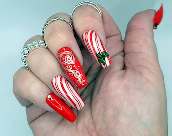 Christmas Candy press on false acrylic nails, hand painted
