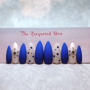 Blue Christmas on false acrylic nails, hand painted
