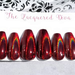 Flaming Crimson press on false acrylic nails, hand painted