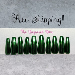 Green Light Chrome press on false acrylic nails, hand painted Free shipping!