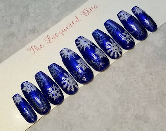 Let it Snow press on false acrylic nails, hand painted