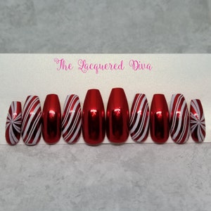 Visions of Candy Canes press on false acrylic nails, hand painted