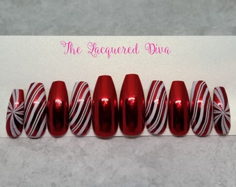 Visions of Candy Canes press on false acrylic nails, hand painted