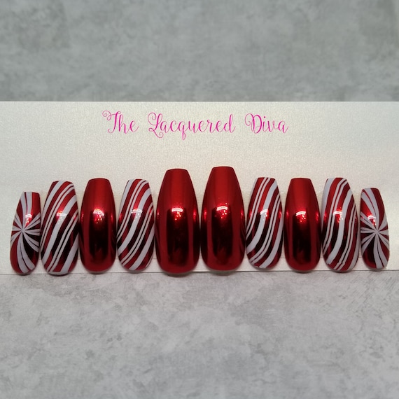 Visions of Candy Canes press on false acrylic nails hand | Etsy