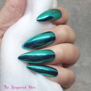 Teal Tranquility Chrome press on false acrylic nails, hand painted
