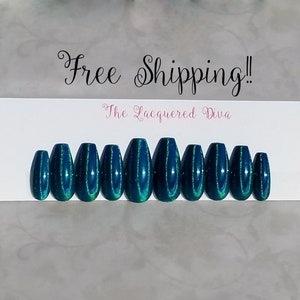 Ticklish Teal press on false acrylic nails, hand painted. Free shipping!