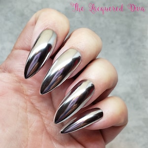 Hi Ho Silver Chrome press on false acrylic nails, hand painted