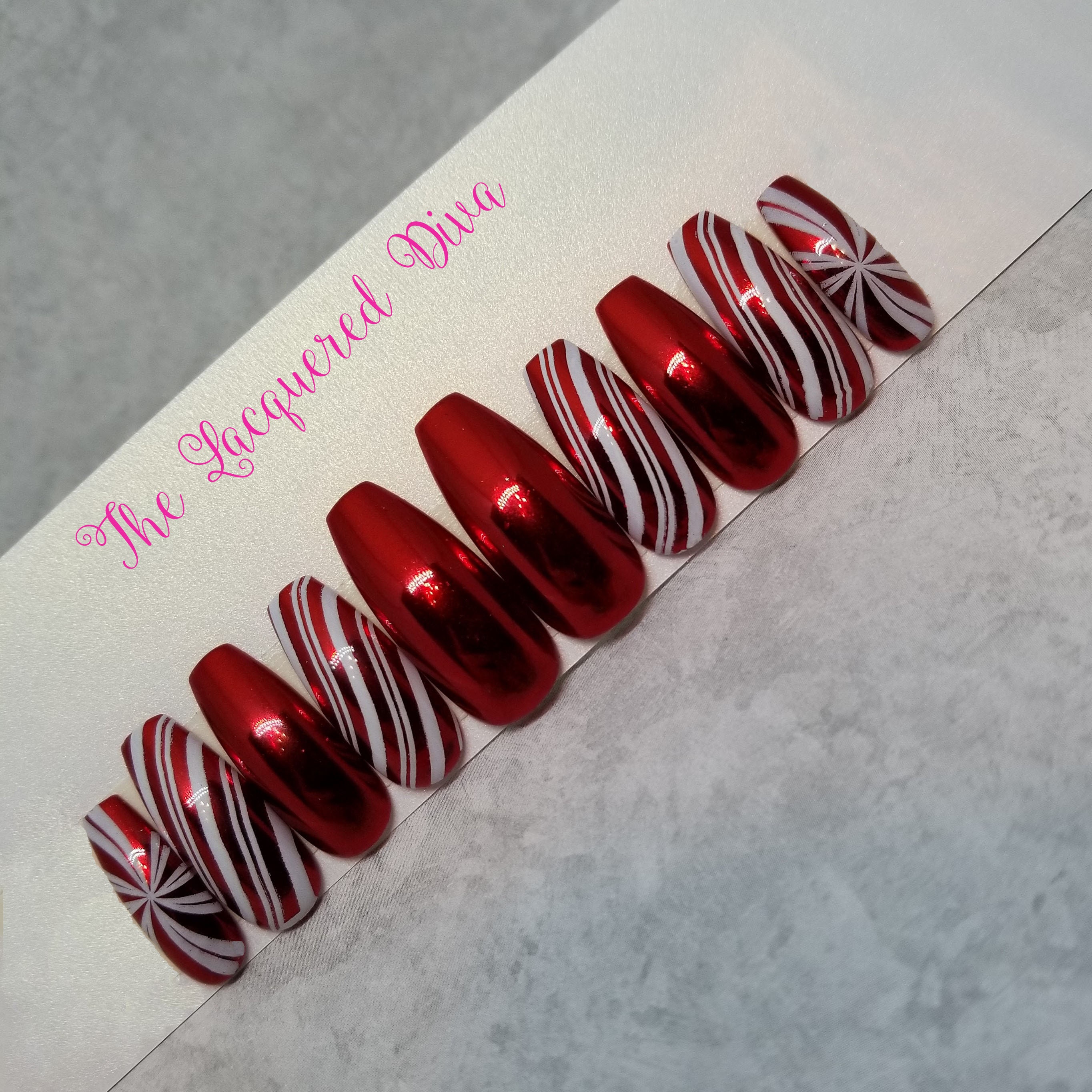 Visions of Candy Canes press on false acrylic nails hand | Etsy