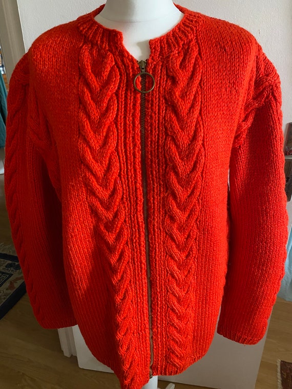 Tomato red hand-knit 1980’s zip cardigan, cables