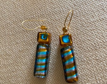 Murano gold foil rectangular bead earrings, turquoise, silver and gold, hung from gold vermeil ear wires