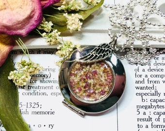 Memorial Flower Locket, Angel Wing Charm, Dried Flowers