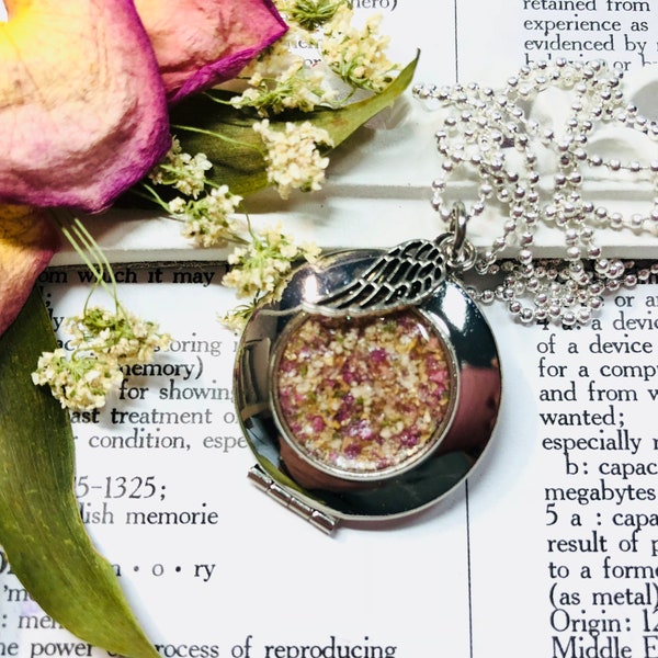 Memorial flower locket with angel wing charm & necklace made with dried funeral flowers, wedding flowers, special occasion flowers