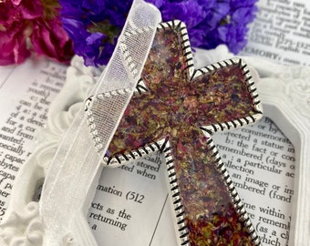Memorial flower, funeral flower, keepsake cross ornament or rear view mirror charm