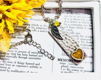 Memory flower necklace, dried flower heart pendant with angel wing