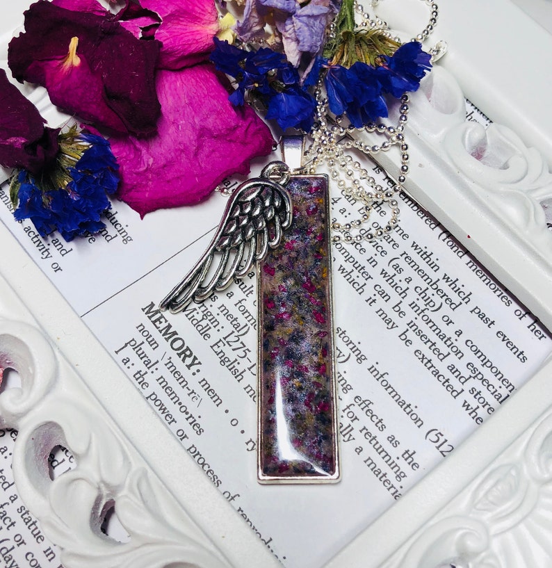 Memorial Flower Pendant Necklace With Angel Wing Charm Made Etsy