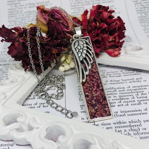 Memorial flower pendant necklace with angel wing charm made from your dried funeral flowers