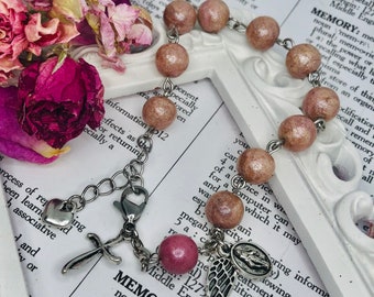 Memorial Flower Rosary Bracelet, Funeral Keepsake Beads