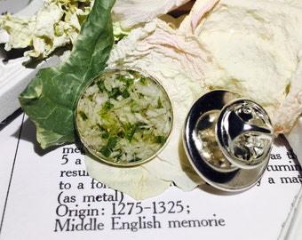 Custom Dried Flower Tie Tack, Resin Memorial Lapel Pin. Ask about using cremations, hair or fabric.