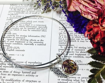Memory flower bangle charm bracelet with wing