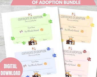 Adopt a Kitty Printable Certificate Of Adoption PDF 5x7 Adoption Certificates 4 Styles Cat Printable Certificate Adopt A Pet Certificate