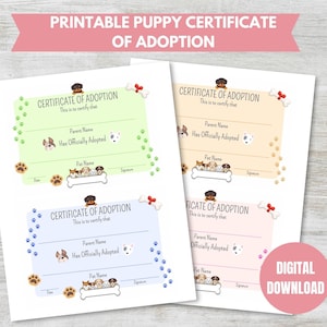 Certificado de adopción imprimible de peluche PDF Imprimir Certificados de adopción de 5 x 7 en 4 estilos Certificado imprimible de perrito Certificado de adopción de una mascota