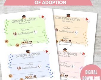 Plushie Printable Certificate Of Adoption PDF Print 5x7 Adoption Certificates 4 Styles Doggie Printable Certificate Adopt A Pet Certificate
