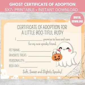Printable Ghost Certificate Of Adoption PDF 5x7, Spooky Friend Adoption Certificate, Adopt A Ghost Certificate, Halloween DIGITAL DOWNLOAD