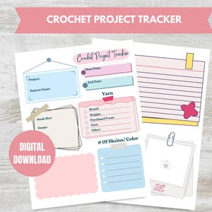 Peut inclure: Un suivi de projet de crochet imprimable avec des sections pour les détails du projet, les informations sur la laine et un espace pour les notes. Le suivi a un schéma de couleurs rose, bleu et jaune avec une jolie fleur et un cadre photo.