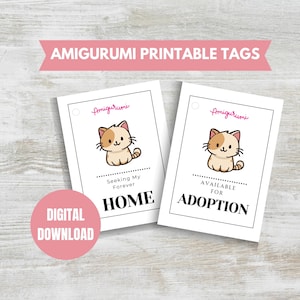 Etiquetas de produtos de crochê amigurumi para impressão em PDF Tags de gato fofo para impressão de pelúcia Tags download digital