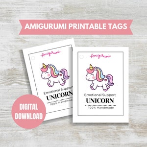 Apoyo emocional Unicornio Etiquetas PDF imprimibles Amigurumi Etiquetas de productos de ganchillo Etiquetas imprimibles Etiquetas de peluche imprimibles lindas Etiqueta de juguete de unicornio