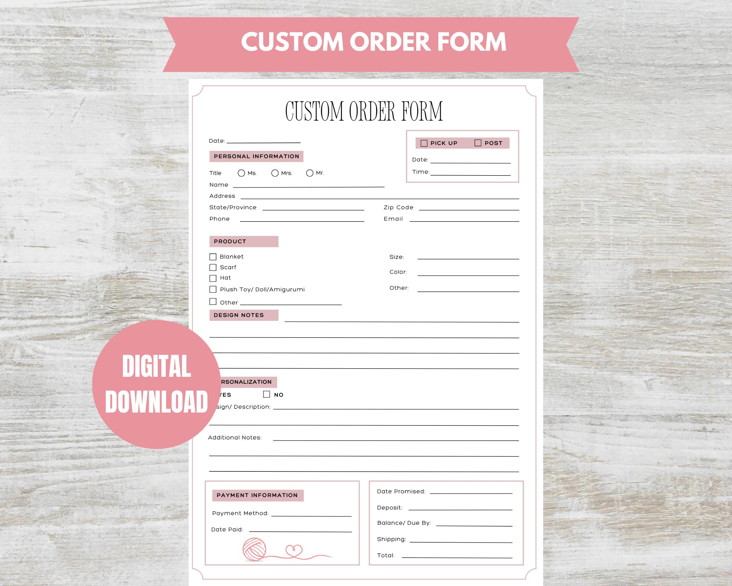 Custom Order Request Form Sample Custom Order Form, PDF Printable Crochet/knitting Order Form, Small ...
