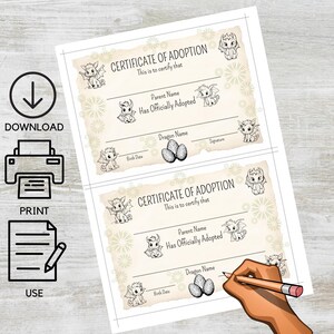 May include: Printable certificate of adoption for a dragon. The certificate has a light brown background with a decorative border of dragons and fireworks. The text reads "Certificate of Adoption" and "This is to certify that [Parent Name] has officially adopted [Dragon Name]".