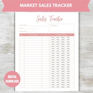 Puede incluir: Un rastreador de ventas de mercado blanco con detalles en rosa. El banner superior dice "MARKET SALES TRACKER". El texto "Sales Tracker" está en cursiva. Incluye campos para el nombre del evento, la fecha, la tarifa del stand, la descripción del artículo, el precio y el método de pago.