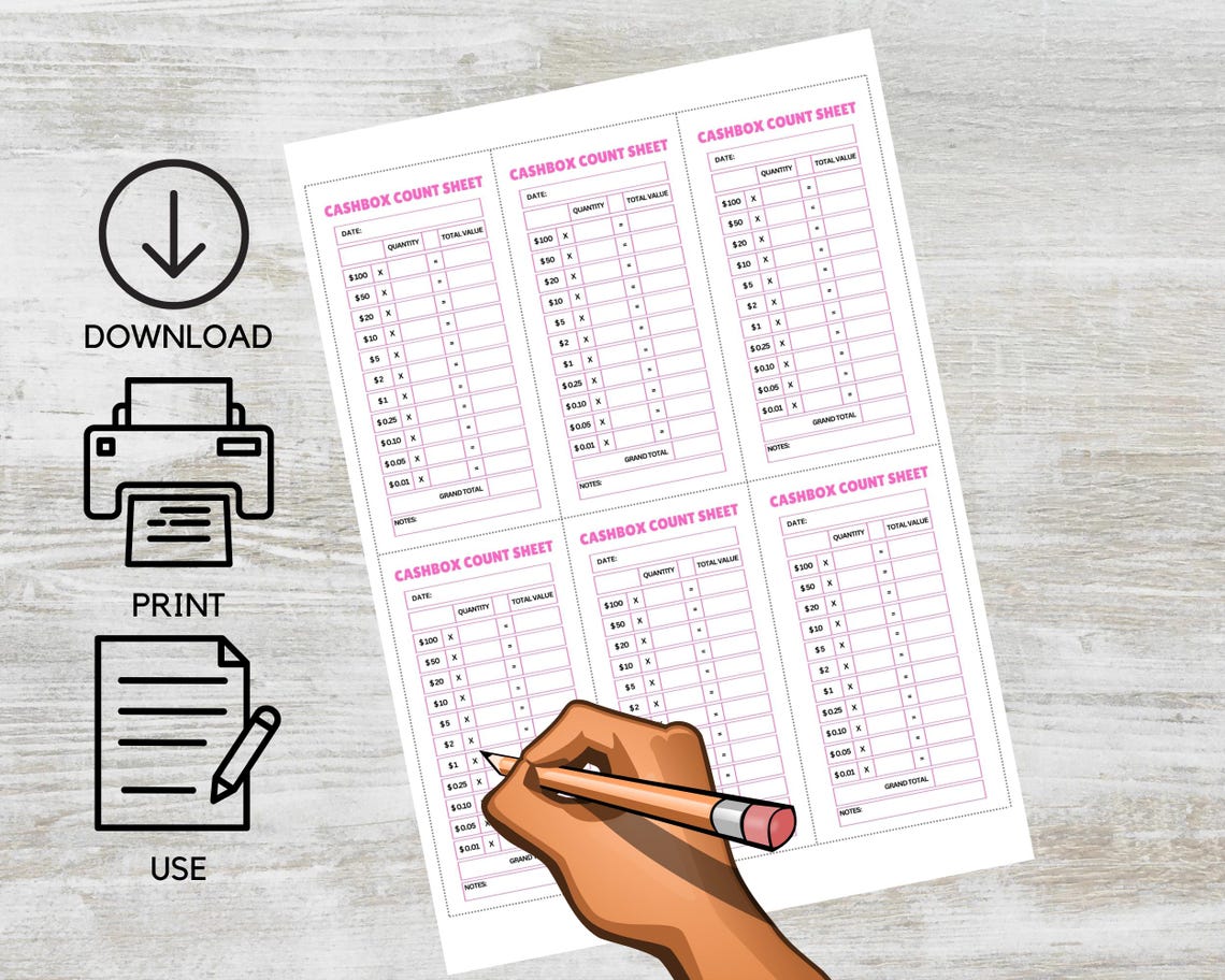 Printable Cashbox Count Sheet,pdf Printable Tally Sheet,cash Register ...