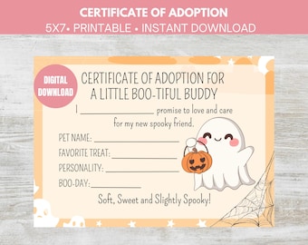 Printable Ghost Certificate Of Adoption PDF 5x7, Spooky Friend Adoption Certificate, Adopt A Ghost Certificate, Halloween DIGITAL DOWNLOAD