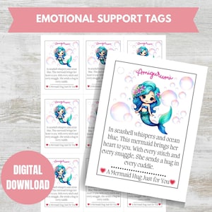 Emotionale Unterstützung Meerjungfrau druckbare PDF Tags, Amigurumi Produkt Tags, Hang Tags, Plushie Tags, Spielzeug Anhänger, Geschenk Anhänger, Andenken Anhänger, Mermaid Umarmung