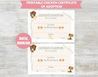 Adopt a Chicken Printable Certificate Of Adoption PDF 5x7 Adoption Certificates 2 Versions Chicken Printable Certificate Pet Certificate