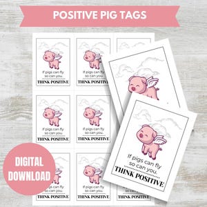 Druckbares Think Positive Schwein Tag, PDF Tags, Amigurumi emotionale Unterstützung häkeln Produkt Tags, druckbare Tags, druckbares Think Positive Tag
