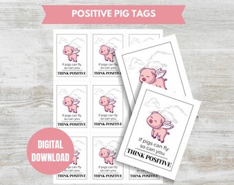Printable Think Positive Pig Tag, PDF Tags, Amigurumi Emotional Support Crochet Product Tags, Printable Tags, Printable Think Positive Tag