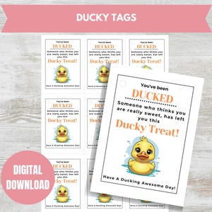 May include: White printable "Ducky Tags" with a cartoon duck illustration. The tags have the text "You've been DUCKED" and "Ducky Treat!" with the phrase "Have A Ducking Awesome Day!" at the bottom. A pink banner at the top says "DUCKY TAGS".