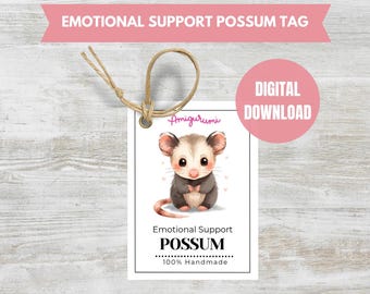 Emotionele steun opossum afdrukbare pdf-tags, schattige amigurumi-producthangtags, beestje plushie-tags, cadeaulabel, digitale DOWNLOAD
