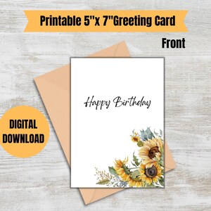 Zonnebloem verjaardagskaart, verjaardagskaart met bloemen, digitale afdrukbare kaart, INSTANT DOWNLOAD